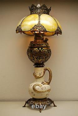 Antique Gwtw Old Victorian Slag Glass Chinese Japanese Dragon Oil Kerosene Lamp