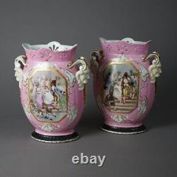 Antique Hand Painted & Gilt Old Paris Porcelain Vases, Wedding Scene, 19th C