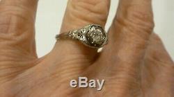 Antique Ladies 18k White Gold Filigree 45 Point Old Mine Cut Diamond Ring 9 1/2