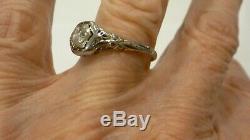 Antique Ladies 18k White Gold Filigree 45 Point Old Mine Cut Diamond Ring 9 1/2