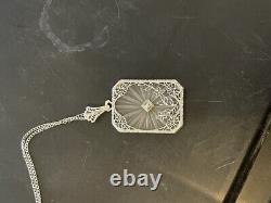 Antique Necklace Camphor Glass Old Mine Diamond 14K White Gold Vintage Victorian