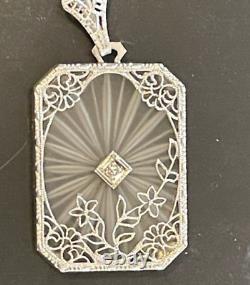 Antique Necklace Camphor Glass Old Mine Diamond 14K White Gold Vintage Victorian