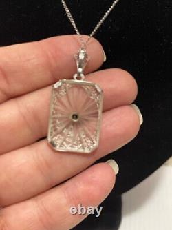 Antique Necklace Camphor Glass Old Mine Diamond 14K White Gold Vintage Victorian