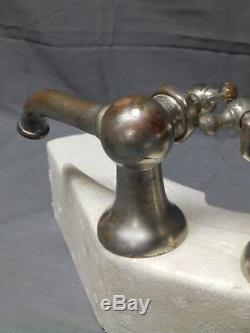 Antique Nickel Brass Separate Hot Cold Deck Mount Sink faucets Old Vtg 102-17E