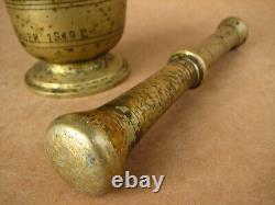 Antique Old Brass Mortar Pestle Pharmacy Apothecary Medicine Patina Dated 1949