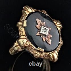 Antique Old European Cut Diamond Onyx 10k Yellow Gold Ring Mourning Estate Gift