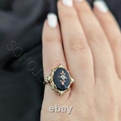 Antique Old European Cut Diamond Onyx 10k Yellow Gold Ring Mourning Estate Gift