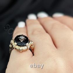 Antique Old European Cut Diamond Onyx 10k Yellow Gold Ring Mourning Estate Gift