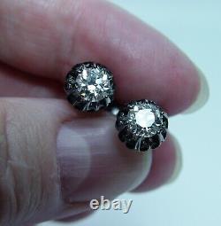 Antique Old European cut Diamond Stud Solitaire Earrings 14K Gold 1.1ct