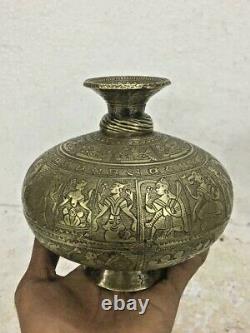 Antique Old Hand Carved Engraved Hindu Religious Holy Brass Water Pot / Lota