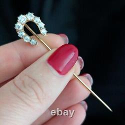 Antique Old Mine Cut Diamonds 14k Gold Stick Pin Lapel Horseshoe Victorian 1800s