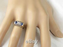 Antique Old Mine Diamond Blue Sapphire Three Stone Ring 14K Vintage Art Deco