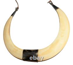 Antique Old Vintage African Wild Boar Large Double Tusk Silver Tribal Necklace