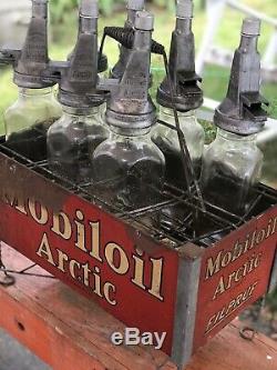 Antique Old Vintage Mobiloil Mobil Oil Arctic Filpruf Oil Bottle Rack Gas Statio