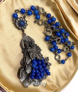 Antique Old Vntg Art Nouveau Necklace Blue Poured Glass Berries Beads Hand-wired