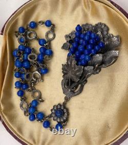 Antique Old Vntg Art Nouveau Necklace Blue Poured Glass Berries Beads Hand-wired