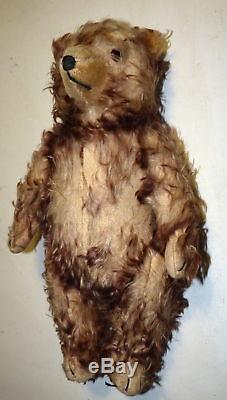 Antique Old Vtg Teddy Bear Brown Jointed Stuffed Straw Wood/Sawdust Toy a4