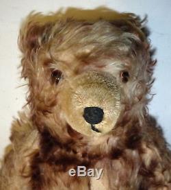 Antique Old Vtg Teddy Bear Brown Jointed Stuffed Straw Wood/Sawdust Toy a4
