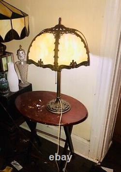 Antique Old vtg slag stained glass Metal lamp B&H watch vid Bradley Hubbard