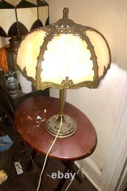 Antique Old vtg slag stained glass Metal lamp B&H watch vid Bradley Hubbard