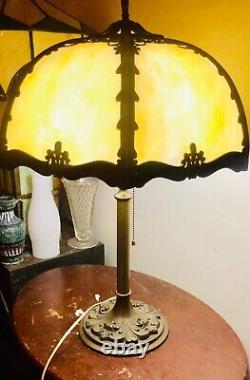 Antique Old vtg slag stained glass Metal lamp B&H watch vid Bradley Hubbard