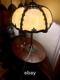 Antique Old vtg slag stained glass Metal lamp B&H watch vid Bradley Hubbard