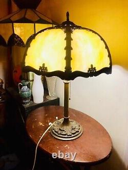 Antique Old vtg slag stained glass Metal lamp B&H watch vid Bradley Hubbard
