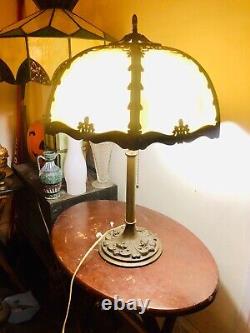 Antique Old vtg slag stained glass Metal lamp B&H watch vid Bradley Hubbard