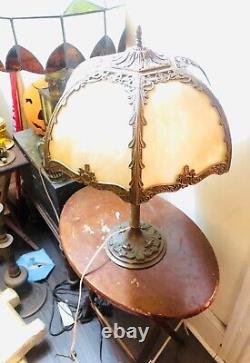 Antique Old vtg slag stained glass Metal lamp B&H watch vid Bradley Hubbard