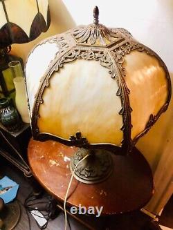 Antique Old vtg slag stained glass Metal lamp B&H watch vid Bradley Hubbard
