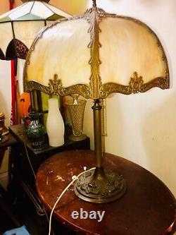 Antique Old vtg slag stained glass Metal lamp B&H watch vid Bradley Hubbard