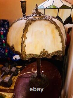 Antique Old vtg slag stained glass Metal lamp B&H watch vid Bradley Hubbard