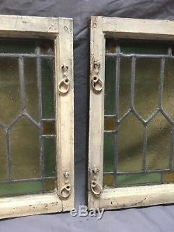 Antique Pair Casement Cabinet Doors Windows Leaded Stained Glass Old Vtg 443-18E