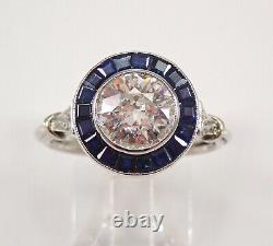 Antique Platinum Old Miner Diamond and Sapphire Halo Engagement Ring Size 7.5