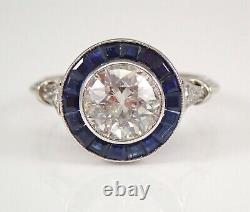 Antique Platinum Old Miner Diamond and Sapphire Halo Engagement Ring Size 7.5