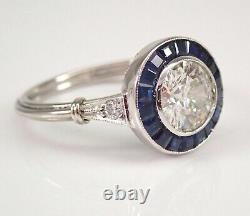 Antique Platinum Old Miner Diamond and Sapphire Halo Engagement Ring Size 7.5