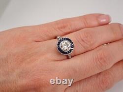 Antique Platinum Old Miner Diamond and Sapphire Halo Engagement Ring Size 7.5