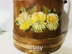 Antique Primitive Old Hand Painted Floral Wooden Firkin Pail Bucket 12 Tall