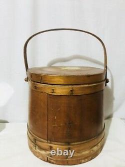 Antique Primitive Old Hand Painted Floral Wooden Firkin Pail Bucket 12 Tall