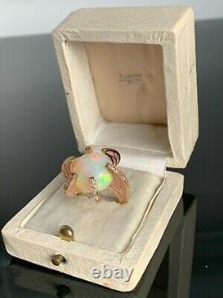 Antique Rene Lalique 18K Gold 16.3mm Opal, 54 Old Cut Diamonds Pink Enamel Ring