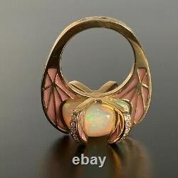 Antique Rene Lalique 18K Gold 16.3mm Opal, 54 Old Cut Diamonds Pink Enamel Ring