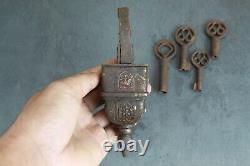 Antique Tricky Padlock Old Vintage Iron Brass Fitted Indian Puzzle Lock 4 Key