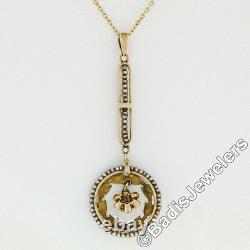 Antique Victorian 14k Gold Old Cut Diamond Seed Pearl Lavaliere Pendant Necklace