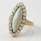 Antique Victorian 14k Rose Gold Old Mine Cut Diamond Halo Marquise Opal Ring