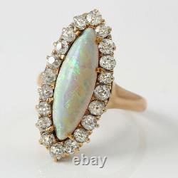Antique Victorian 14k Rose Gold Old Mine Cut Diamond Halo Marquise Opal Ring