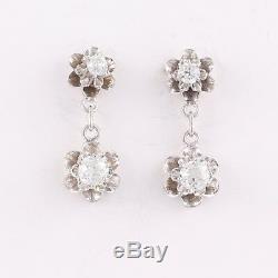 Antique Victorian 14k White Gold 1.12ctw Old Mine Diamond Flower Dangle Earrings