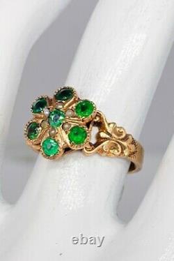 Antique Victorian 1870s 2ct Old Euro Emerald Pearl 14k Yellow Gold HALO Ring