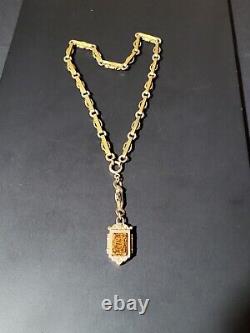 Antique Victorian Brass Leaves Gold Filled Watch Fob Necklace Banded Agate Old