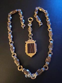 Antique Victorian Brass Leaves Gold Filled Watch Fob Necklace Banded Agate Old