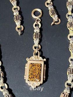 Antique Victorian Brass Leaves Gold Filled Watch Fob Necklace Banded Agate Old